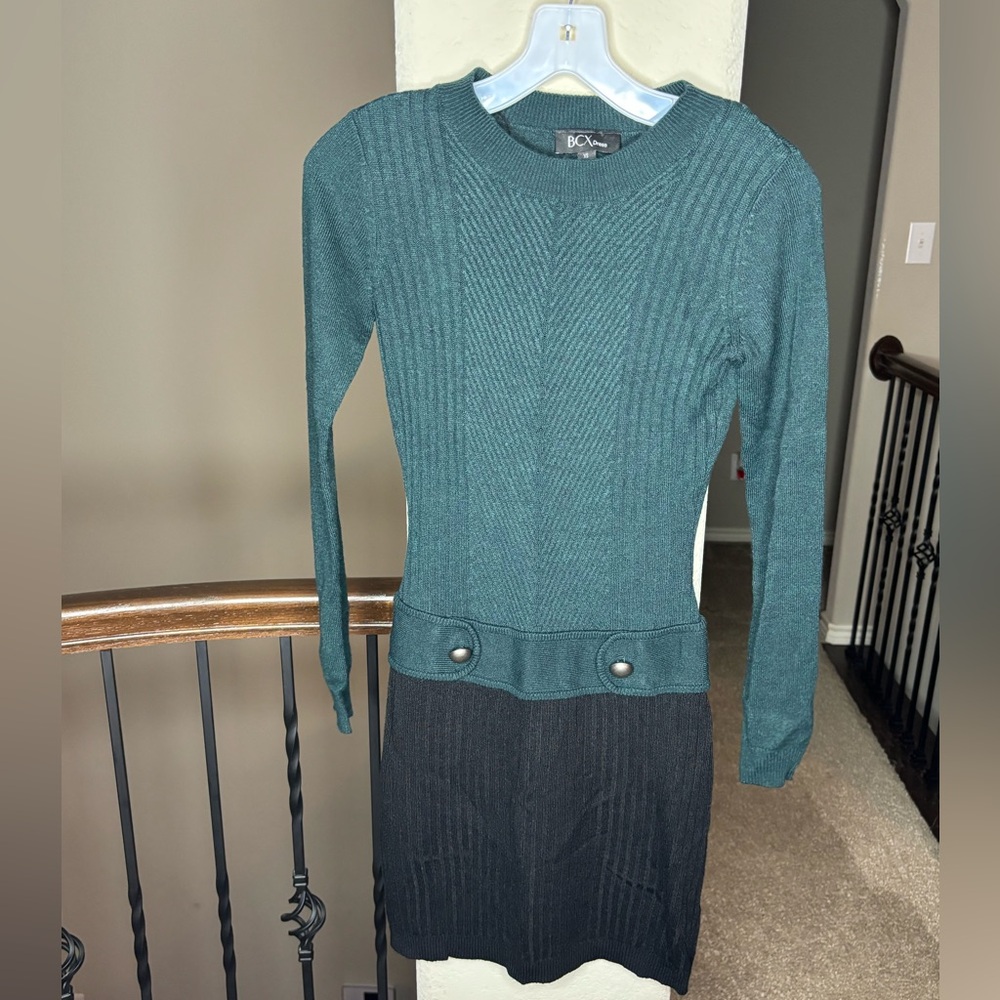 BCX Teal and Black Ribbed Dress Size XS Holiday Modest Winter Event Office